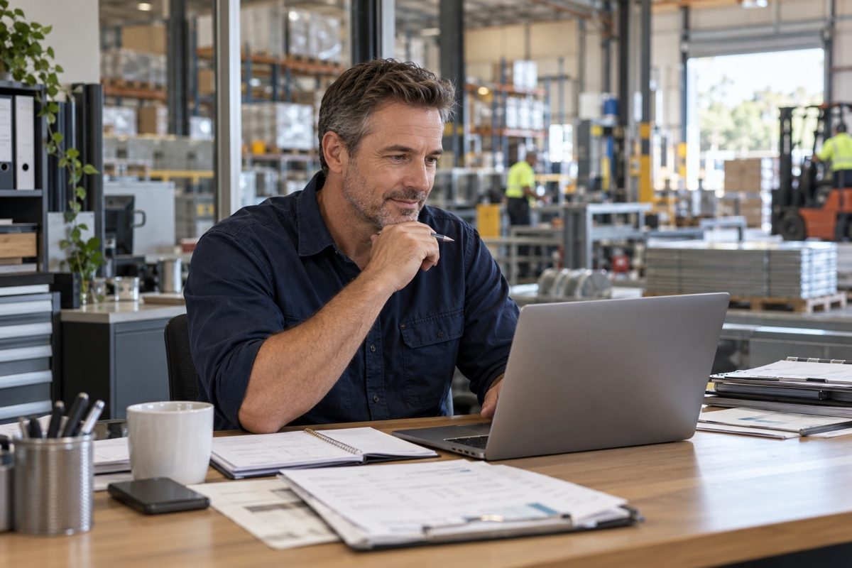 Australian business owner reviewing cash flow on a laptop, using a business overdraft facility to cover a short-term gap