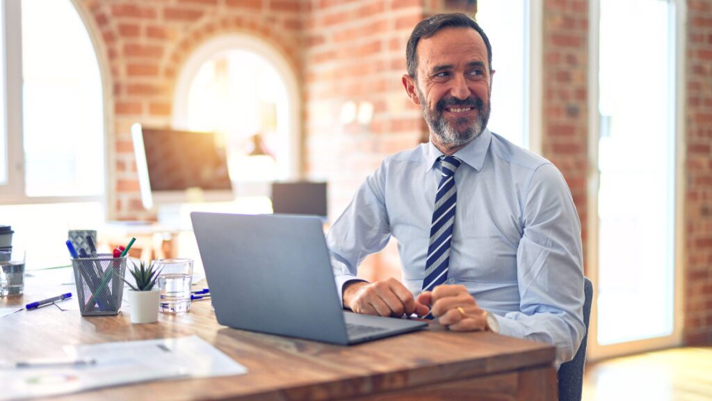 business man explaining concept via video call to client