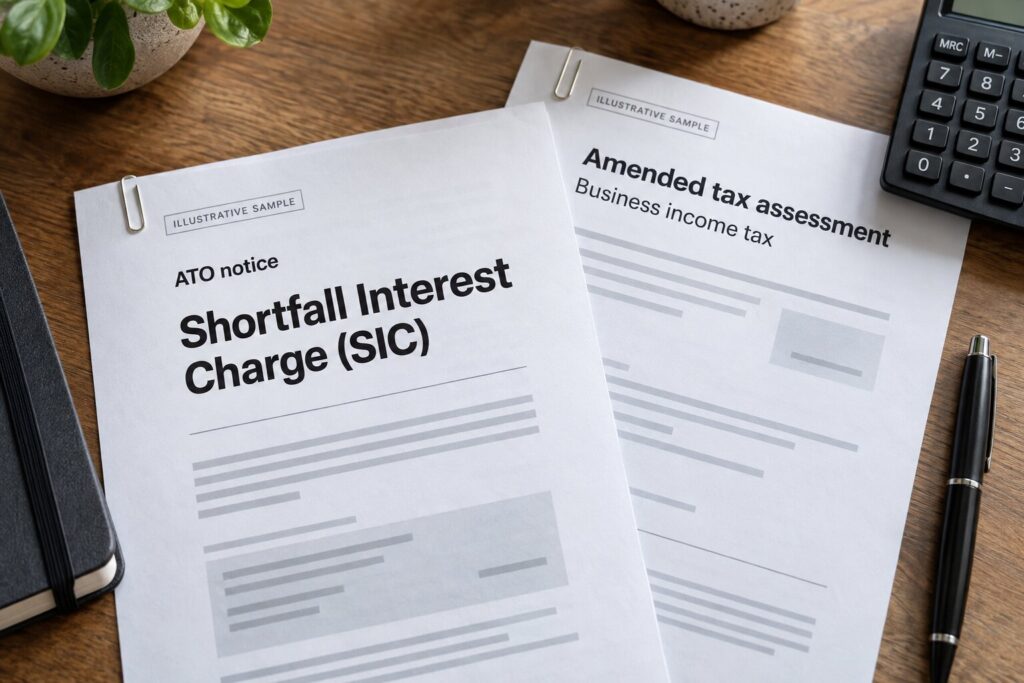 ATO Shortfall Interest Charge (SIC) notice attached to an amended tax assessment for an Australian business