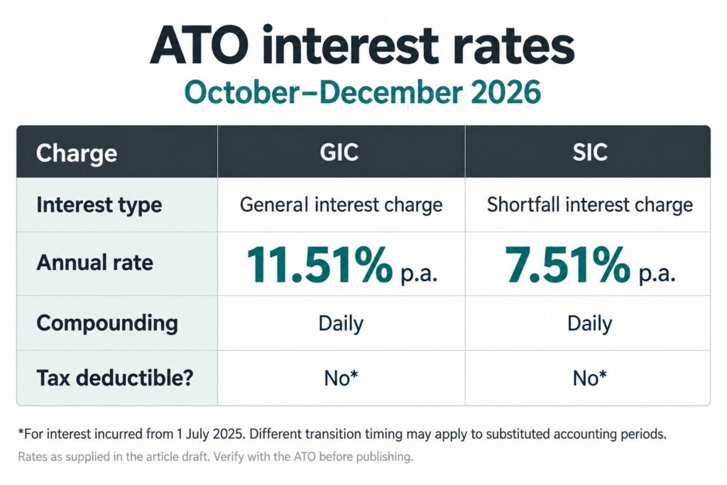 Table comparing current ATO GIC and SIC interest rates for 2026, showing daily compounding and non-deductible status