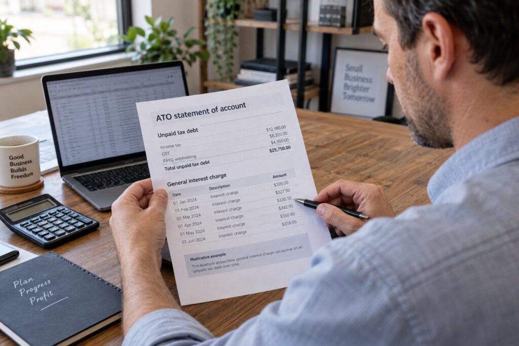 Australian business owner reviewing an ATO statement of account showing general interest charge accruing on unpaid tax debt