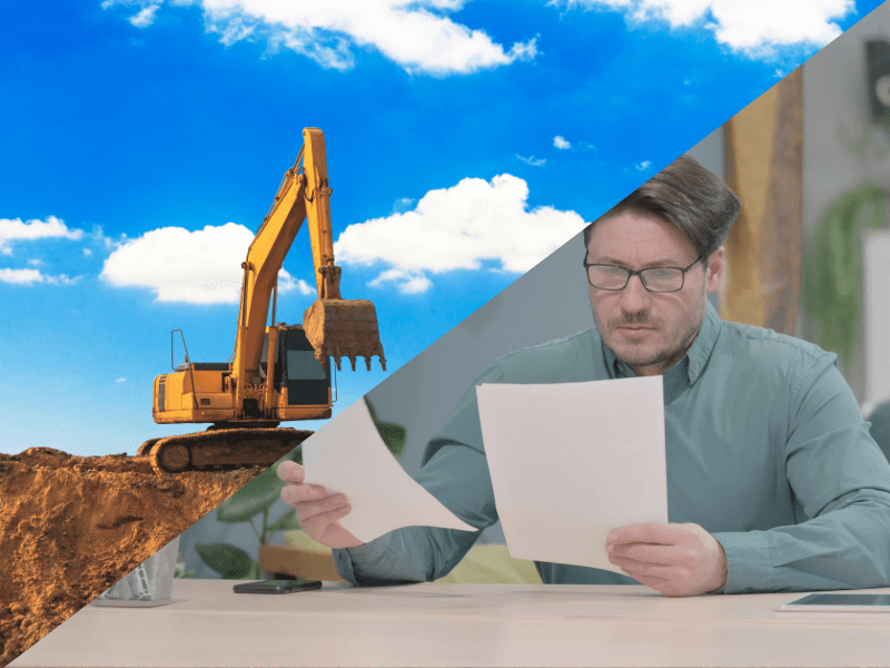 Diagonally split photo, an excavator on the left, a man in glasses reading documents on the right, visual representation of asset based lending vs unsecured business loans