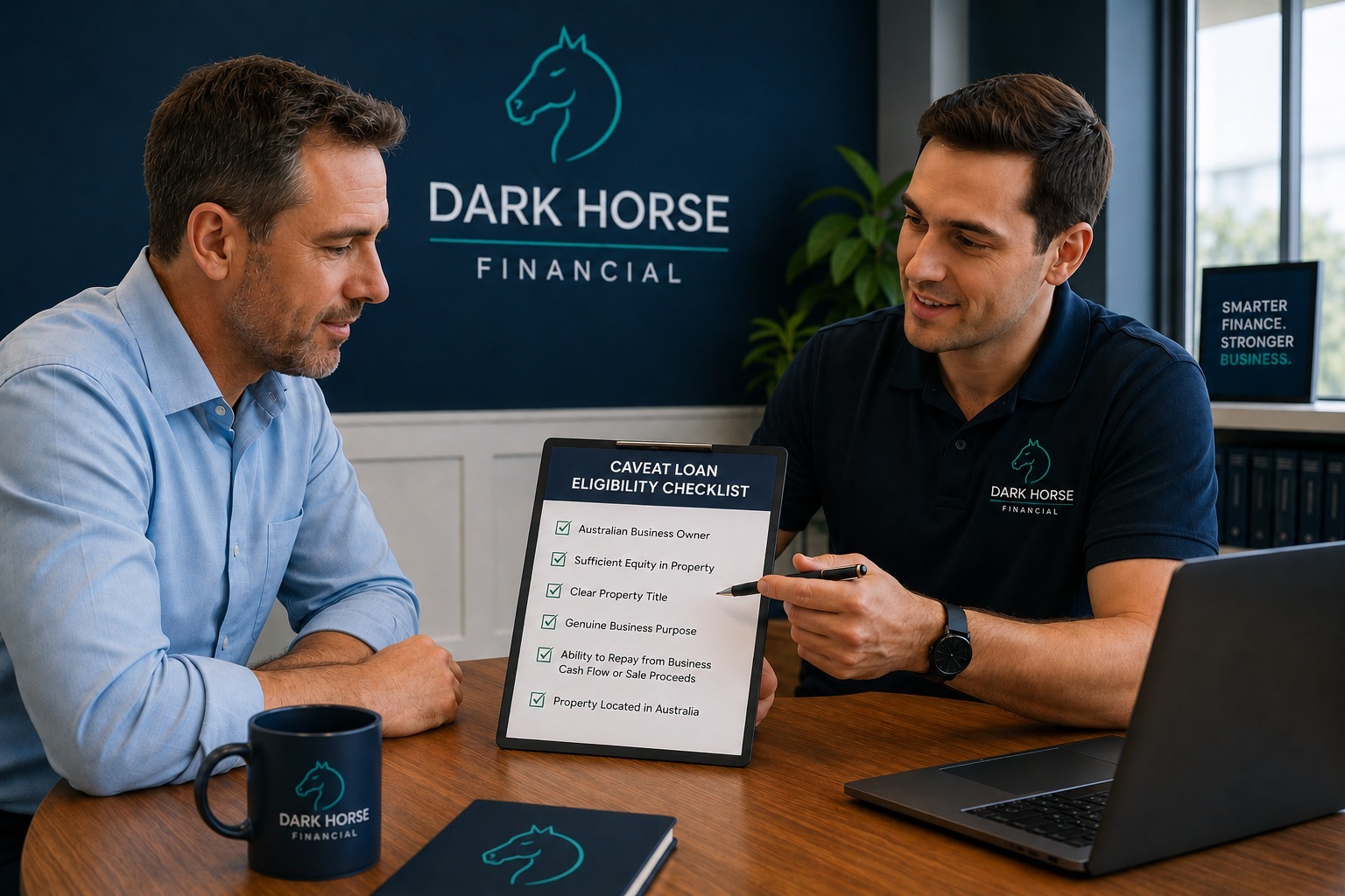 Australian business owner reviewing caveat loan eligibility criteria with a Dark Horse Financial broker