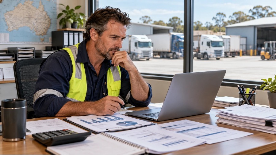 Australian transport business owner reviewing cash flow lending options on a laptop in a depot office