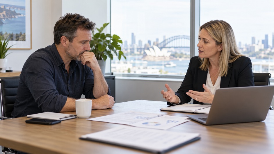 Business owner meeting with an adviser to discuss finance options before or during voluntary administration