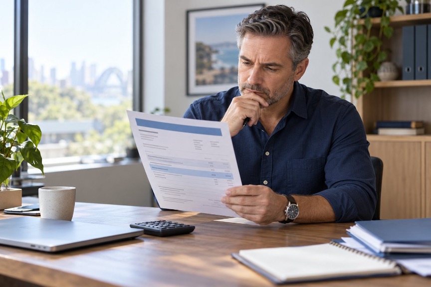 Business owner reviewing an ATO statement showing general interest charge before applying for remission of GIC