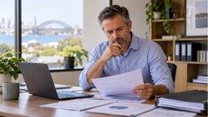Company director reviewing financial reports at his desk while considering voluntary administration