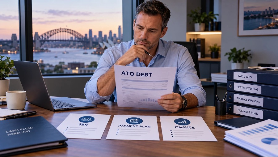 Company director reviewing an ATO debt statement while considering small business restructuring options