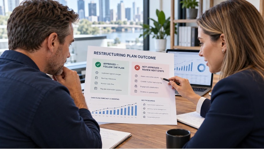 Business owner and accountant reviewing the outcome of a small business restructuring plan