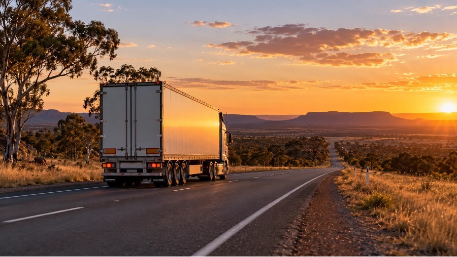 Semi-trailer on an Australian highway at sunset, representing a transport operator using cash flow lending