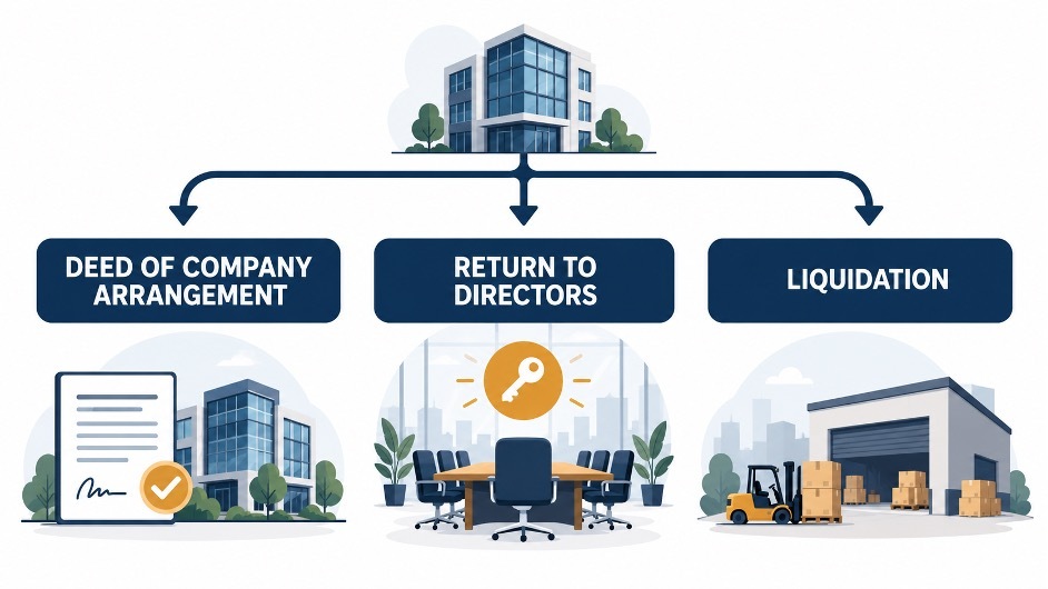 Diagram of the three voluntary administration outcomes: Deed of Company Arrangement, return to directors and liquidation