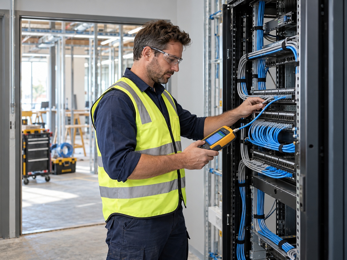 Electrical and data contractor testing network cabling in a server rack on a commercial fit-out, funded with a $250,000 unsecured business loan