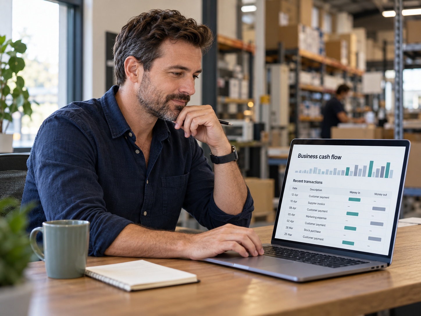 Australian business owner reviewing business cash flow on a laptop in his warehouse before applying for an unsecured business loan