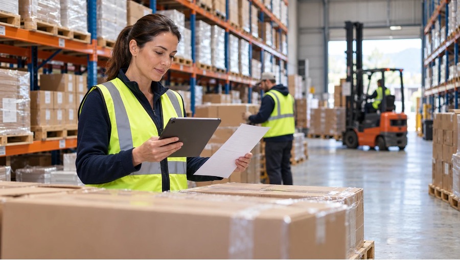 Warehouse manager checking stock ahead of a seasonal purchase funded by a working capital loan
