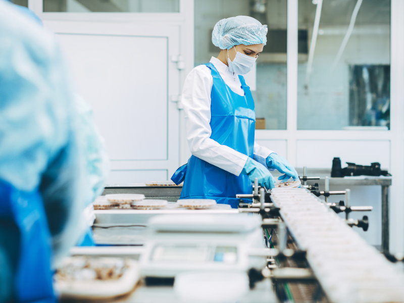 Factory worker in food safety apparel loads food containers onto a machine at a food factory