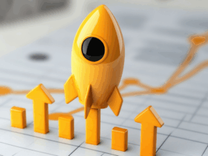 A 3d graphic of a yellow rocket pointing upwards on top of a rising bar chart, concept photo for business growth