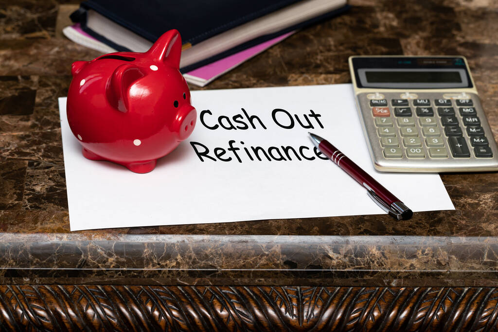Stock Photo Paper Words Cash Out Refinancing Marble Table Next Red Piggy