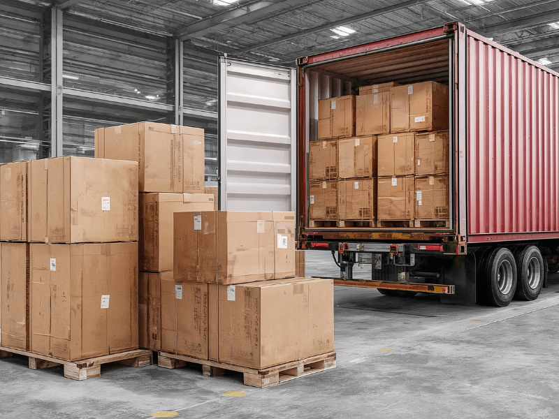 Boxes being loaded into a trailer of a truck at a logistics warehouse