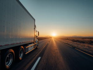A freight truck driving down the road with the sunset on the horizon