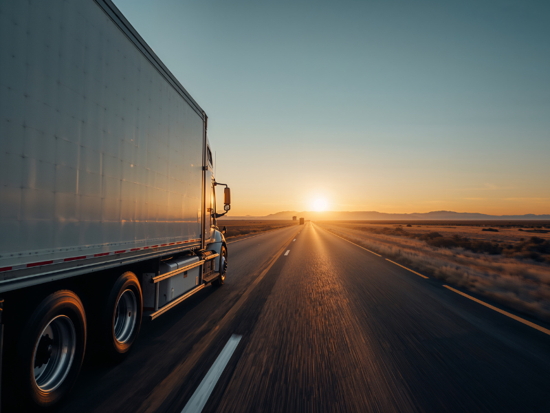 A freight truck driving down the road with the sunset on the horizon