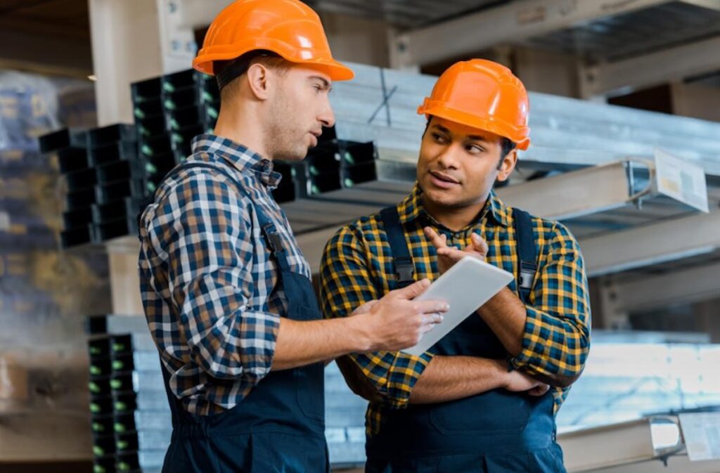 Workers talking to each other