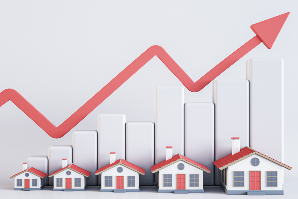 3D Art Photo of a graph with a rising red line, with houses at the bottom, signifying the rise of regional housing market values