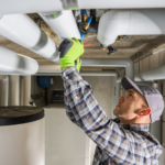 Professional commercial plumber works on building piping