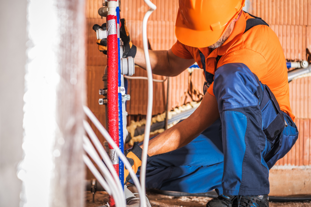 Professional commercial plumber working on pipes, wearing PPE and hard hat