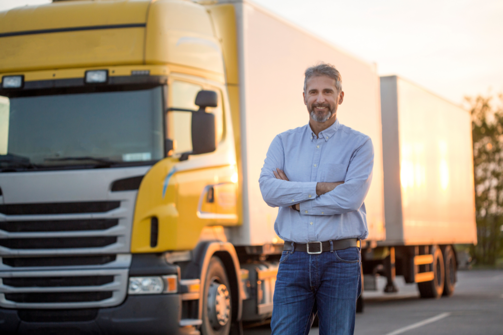 Business owner, man in blue shirt, jeans, and black leather belt smiling while arms crossed, posed in front of his large yellow freight transport truck, trucking business, concept photo for asset based lending using trucks