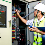 Electrical and data contractor wearing a hard hat and hi-visibility vest, holding a clipboard and checking data wiring