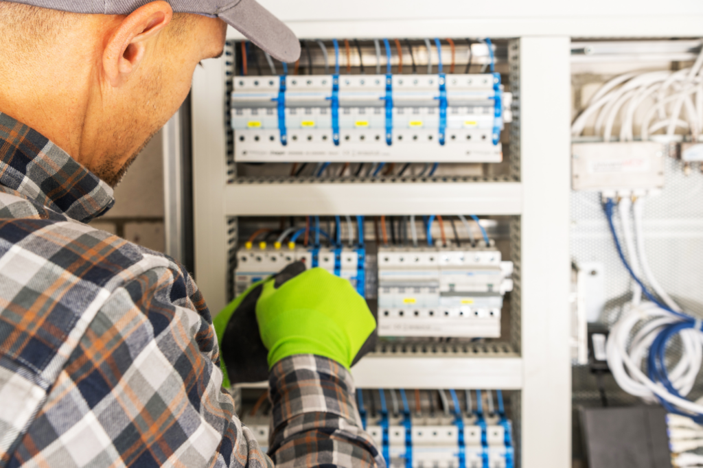 Back view zoomed in photo of electrical engineer fixing wires