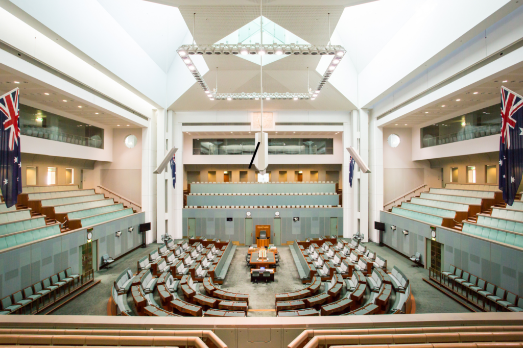 A grandiose photo of the Australian House of Representatives, empty