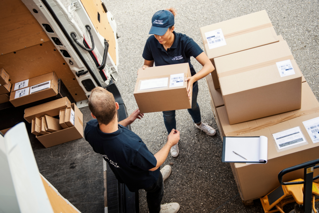 Angled top view photo of employees in a delivery and supplying business, concept photo for operating B2B Business with the help of cash flow lending