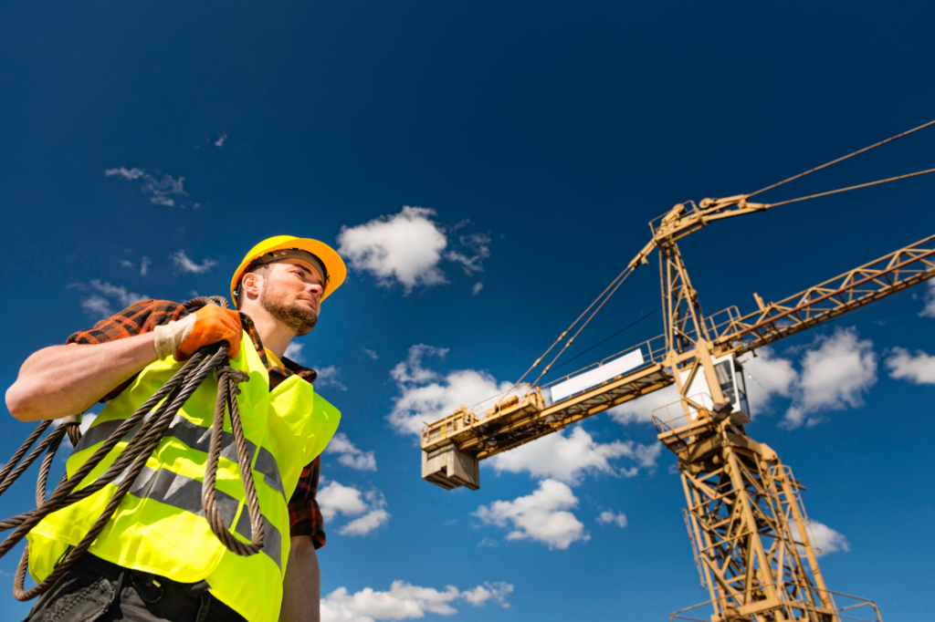 Atmospheric bottom angle photo of a construction worker walking, clear blue skies visible with construction crane in the background