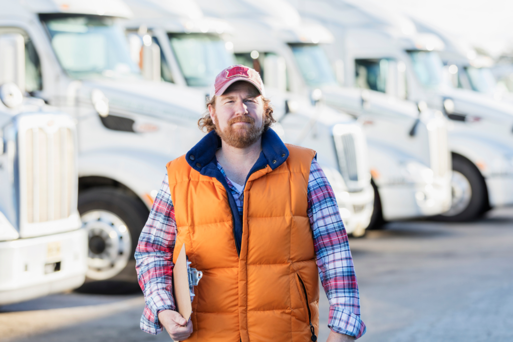 Man in plaid shirt and orange puffy vest stands in front of a fleet of vehicles, holding clipboard, concept photo of business owner using vehicles for asset backed finance