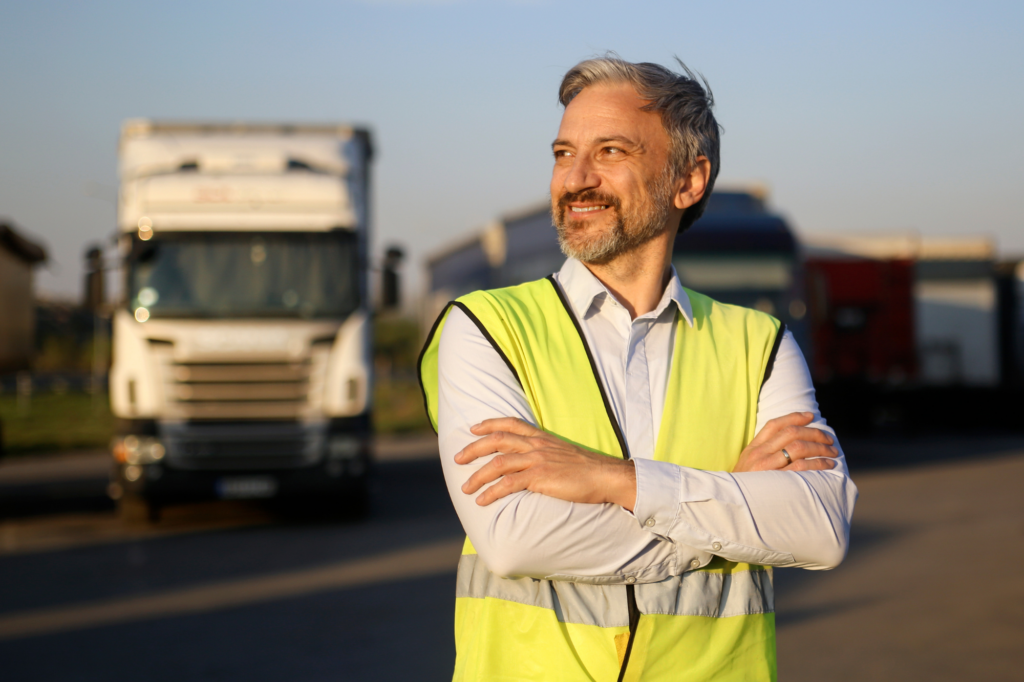 Man in high visibility vest smiles with arms crossed in front of trucks for business