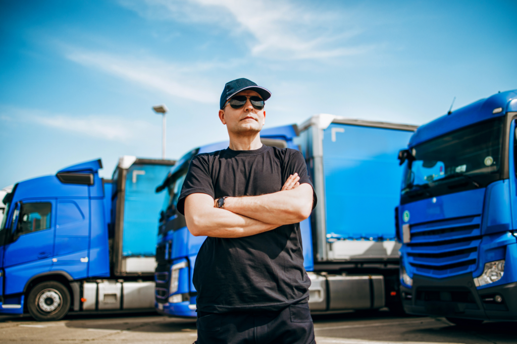 Man in black shirt, black cap, and sunglasses stands confidently in front of his truck fleet