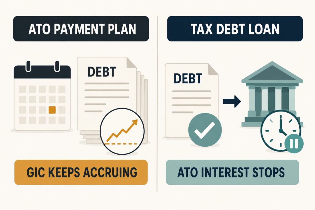 Comparison graphic showing ATO payment plan interest continuing versus a tax debt loan stopping it