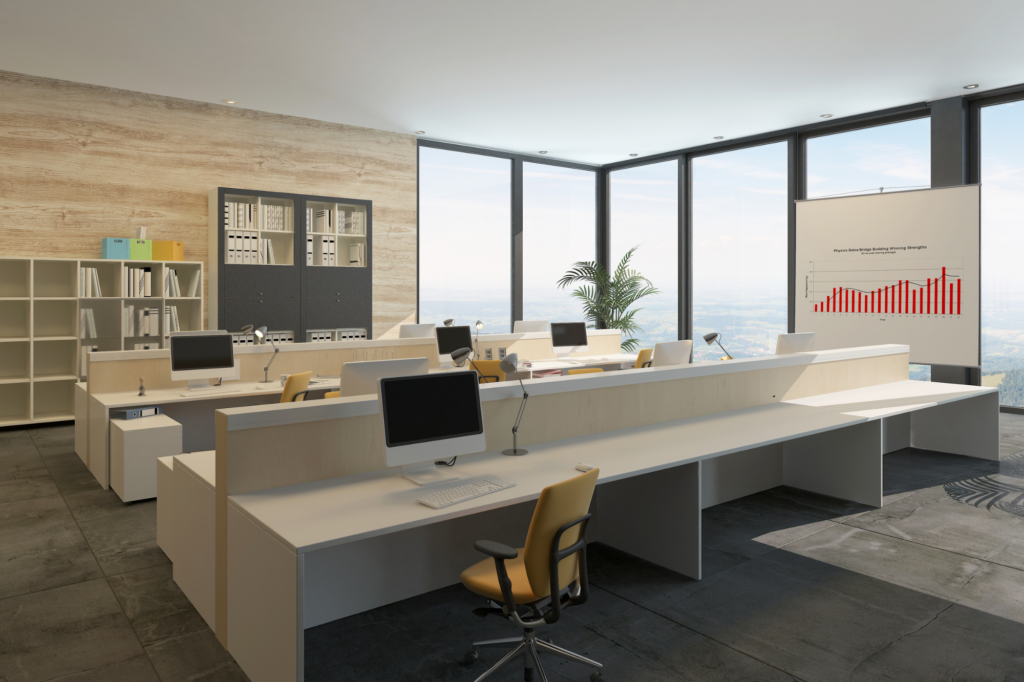 A photo of a stylish, brightly lit, and empty office space. Office spaces are some of the properties you can purchase through private lending since they are used for business purposes.