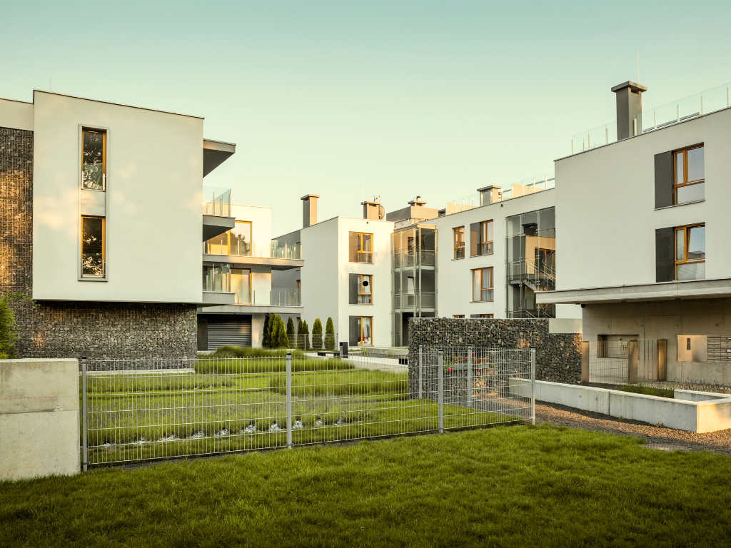 Photo of low-rise apartments with a modern design, concept photo for units used in residual stock finance