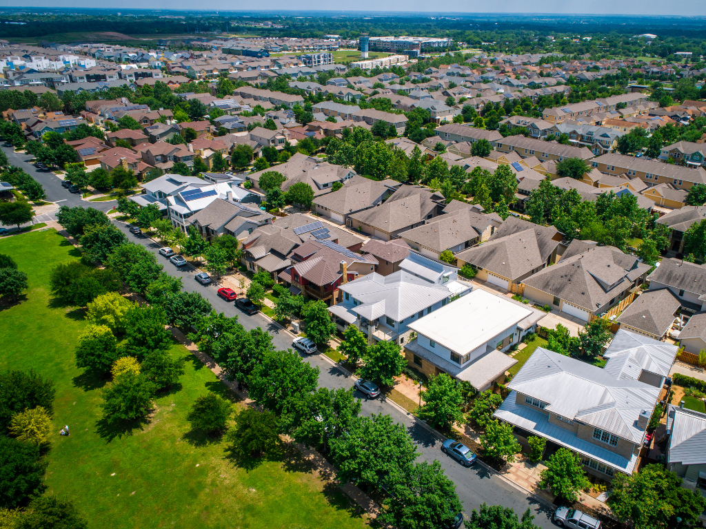 Bird’s eye view photo of houses in a development, concept photo for units used in residual stock finance