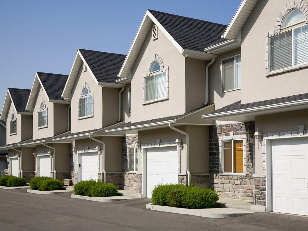 Rows of identical townhouses in a development, concept photo for units used in residual stock finance