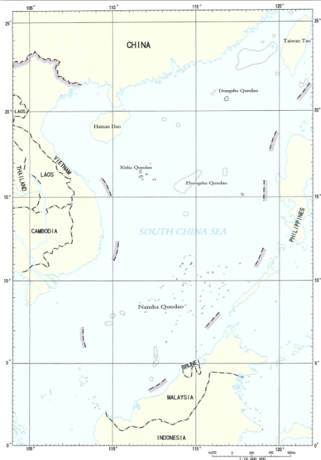 An illustration of China's Nine-Dash Line on a South China Sea map, showcasing disputed territories and overlapping South China Sea claims that fuel ongoing tensions and the risk of conflict.