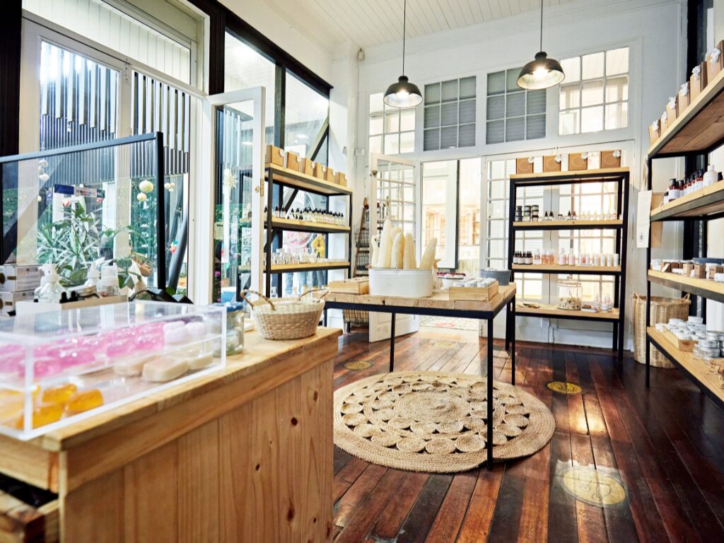 Interior of a retail store selling soaps and other body care items, industrial or rustic design, store interiors funded by retail fitout finance