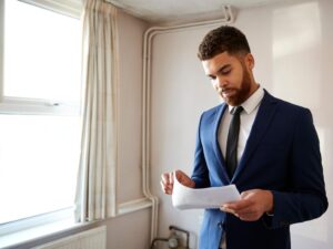 Man in a blue suit holding documents standing inside a house, a property evaluator carrying out an in-person property valuation