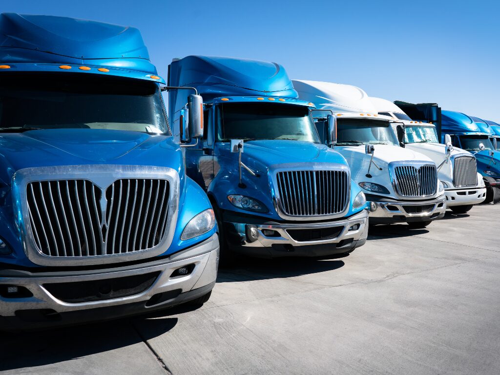 A fleet of blue and white trucks parked next to each other, vehicles purchased with no need for extensive documents