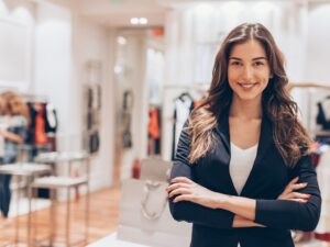 Woman poses and smiles at the camera with the interior of a retail store as her background, a business owner using retail fitout finance to revamp her business premises