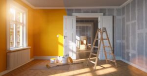 A modern commercial space undergoing refurbishment with yellow and white walls, funded through the right fitout finance qualifications. Understanding how to qualify for a fitout financing helps businesses create professional, well-designed spaces while managing costs effectively.