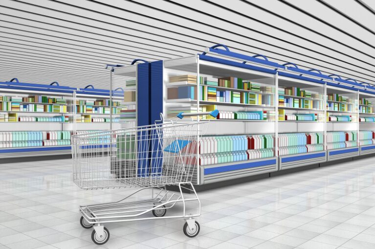 A well-stocked retail shop with a trolley in the aisle and neatly arranged shelves, funded through fitout financing for retailers.