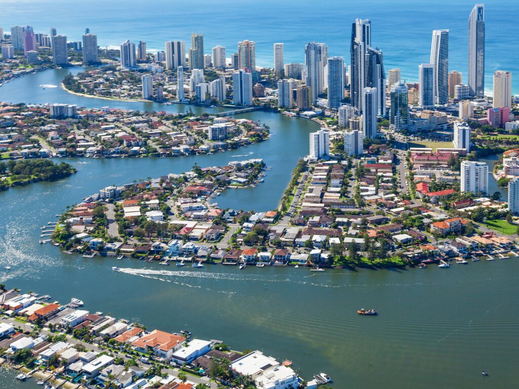 Aerial view of Surfer’s Paradise, located in Queensland, Australia